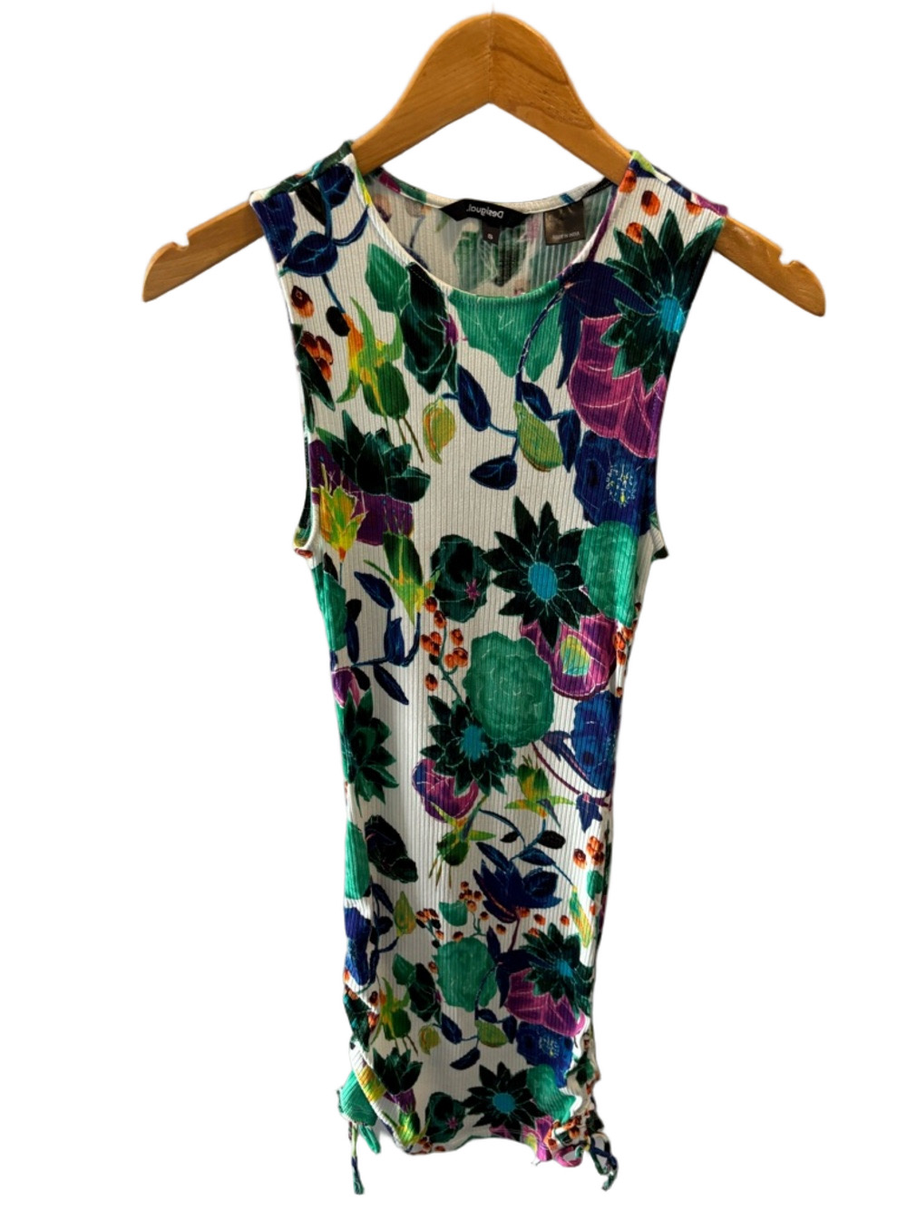 Desigual Floral Ribbed Knit Sleeveless Mini Dress S Side Ruching Bodycon Stretch - Picture 6 of 15